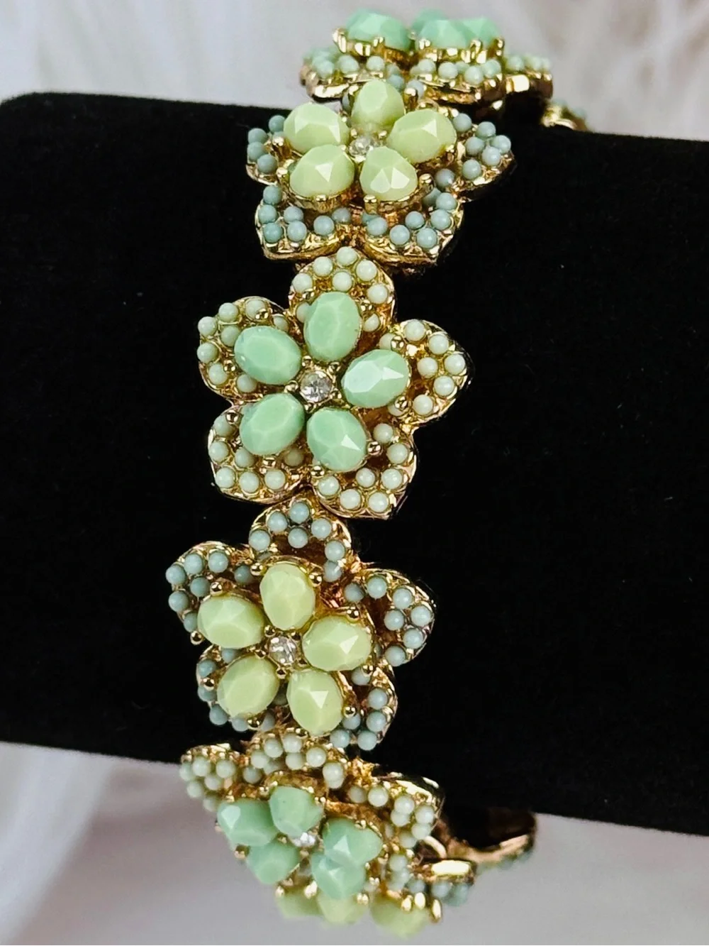 Vintage Goldtone and Green Floral Stretch Bracelet